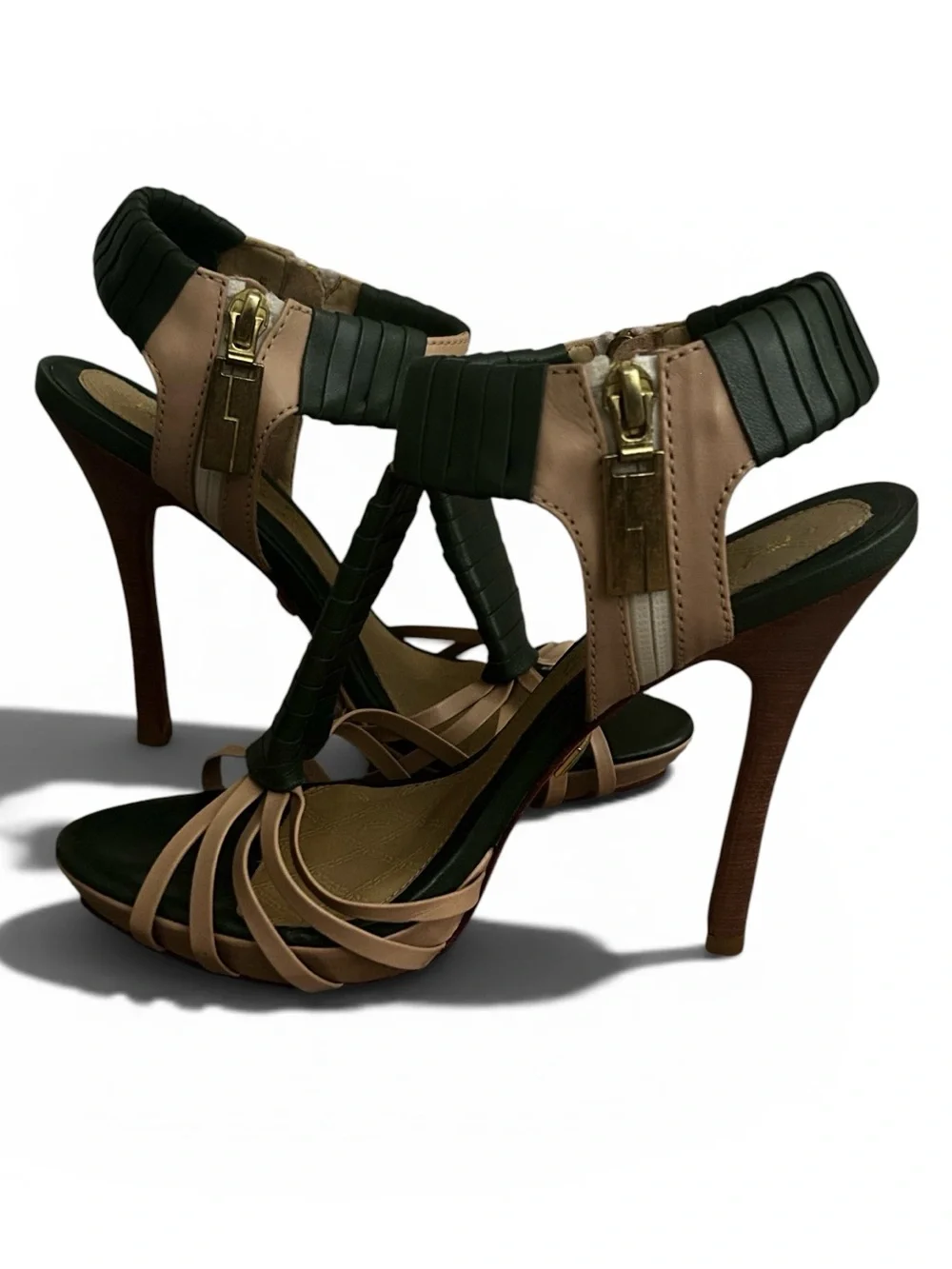 L.A.M.B. Zada Stiletto Cage Ankle Strappy High Heels Size 7.5 Green Tan Leather